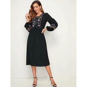 SHEIN Floral Embroidered Tassel Tie A-line Dress